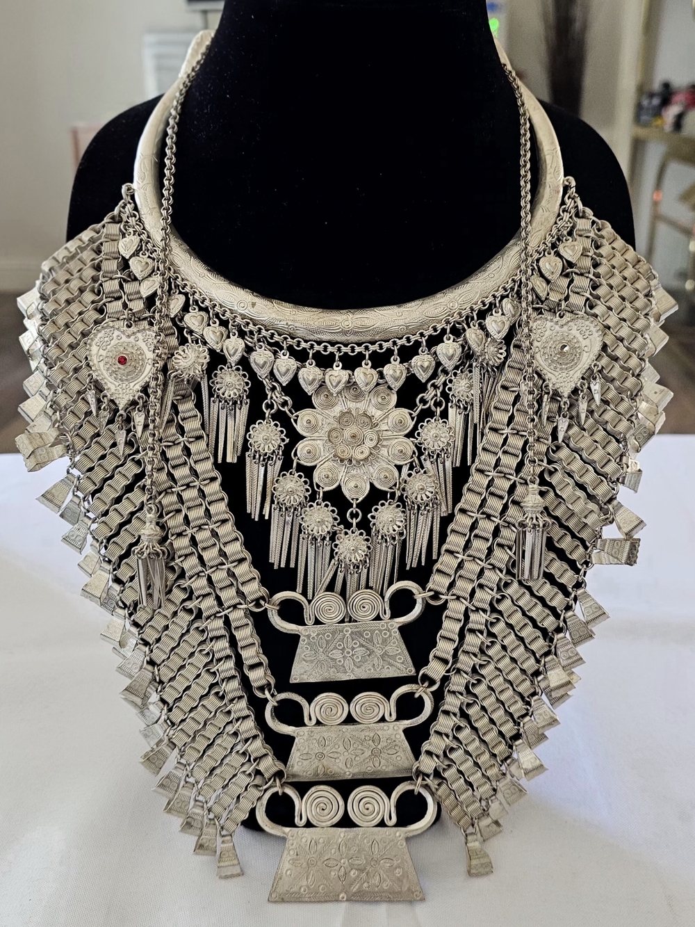 Traditional Hmong Xauv Miao Silver Ceremonial Neckring Necklace Bib